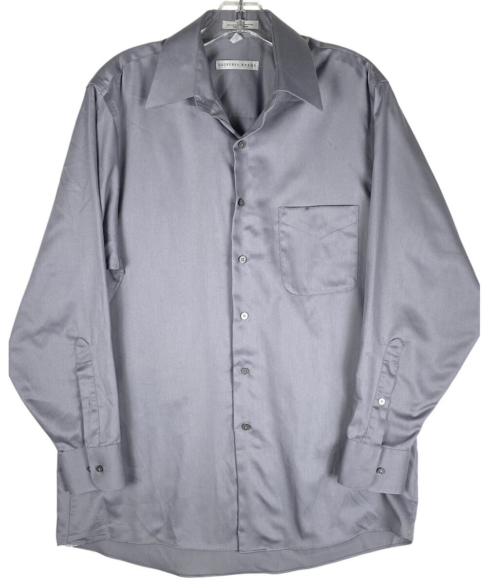 Geoffrey Beene Sateen Dress Shirt Mens 15.5 32/33 Gray Wrinkle Free Classic Work